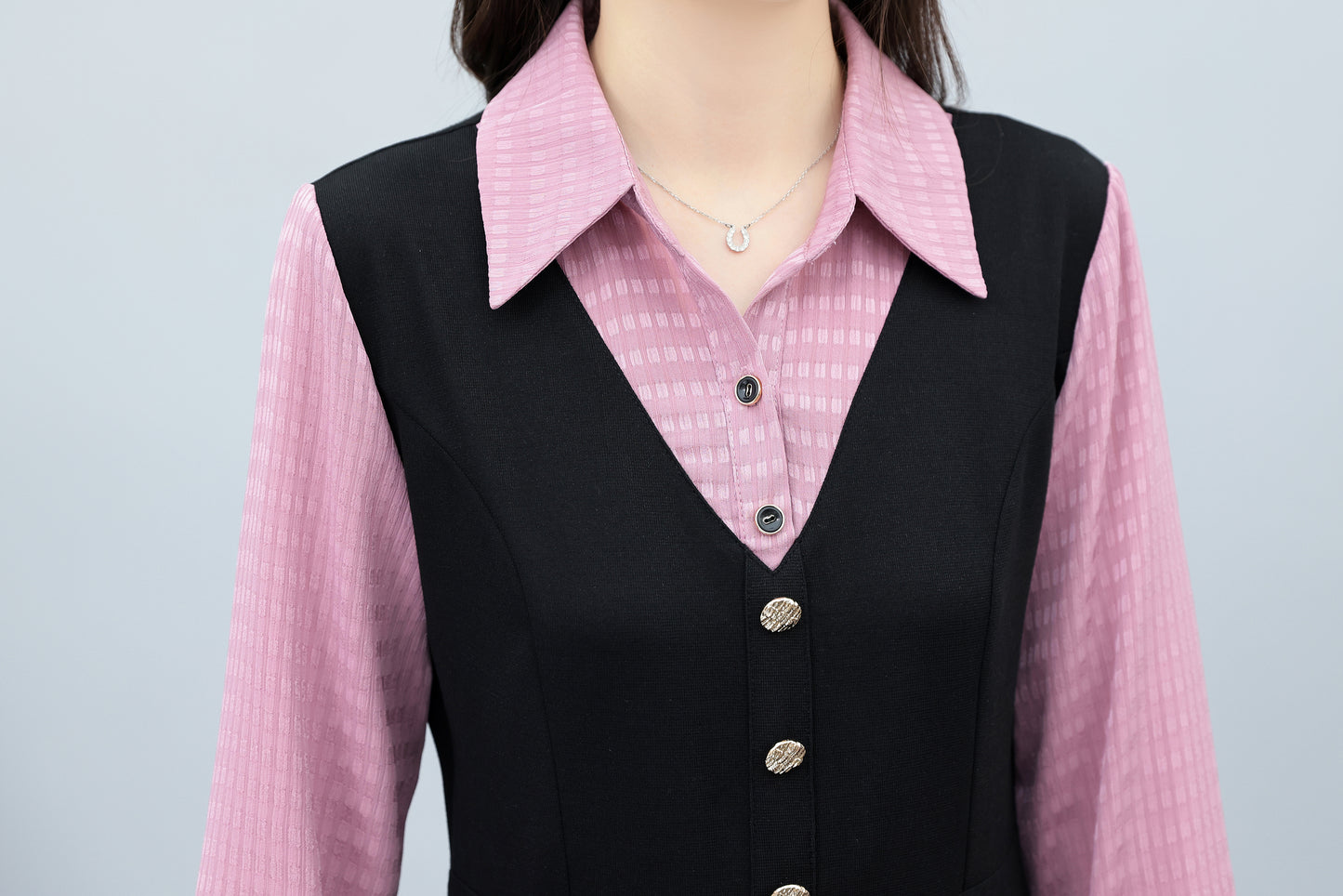 Women's Lapel V-Neck Pocket Long Sleeve Black Dress