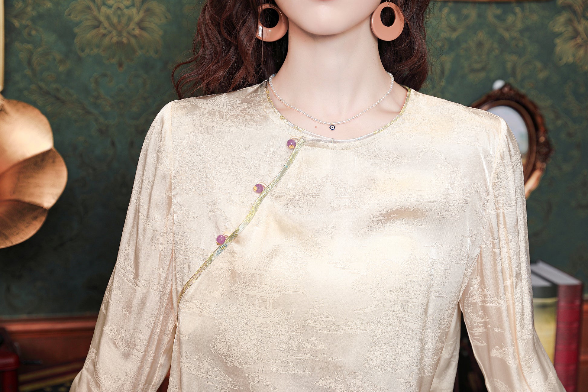 Women's Round Neck Jacquard Embroidery Blouses - LAI MENG FIVE CATS
