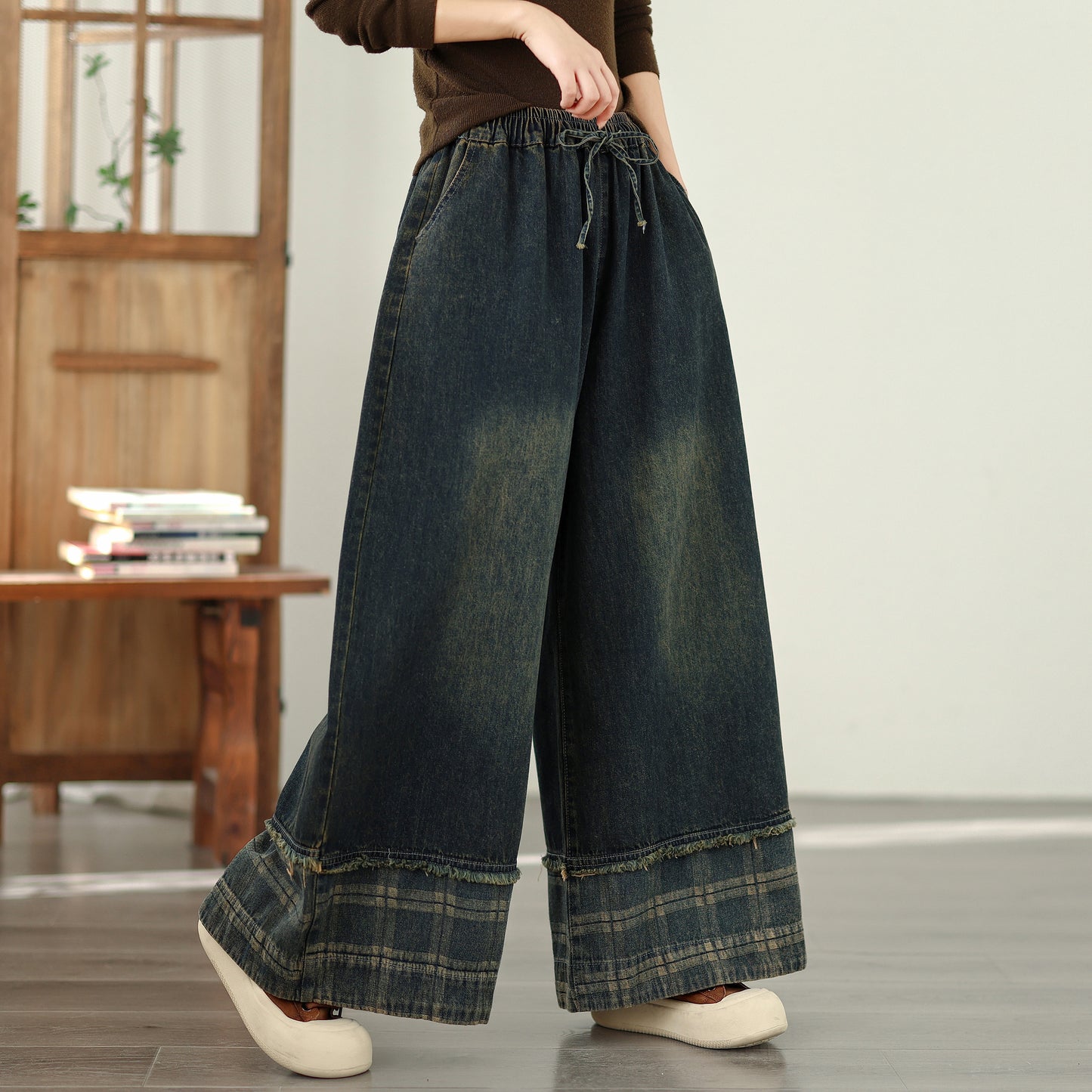 Women's Denim Wide Leg Baggy Jeans Drawstring Waist Pants - LAI MENG FIVE CATS