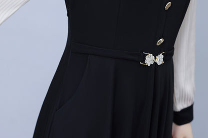 Women's V-Neck with Pockets Long Sleeve Black Dress