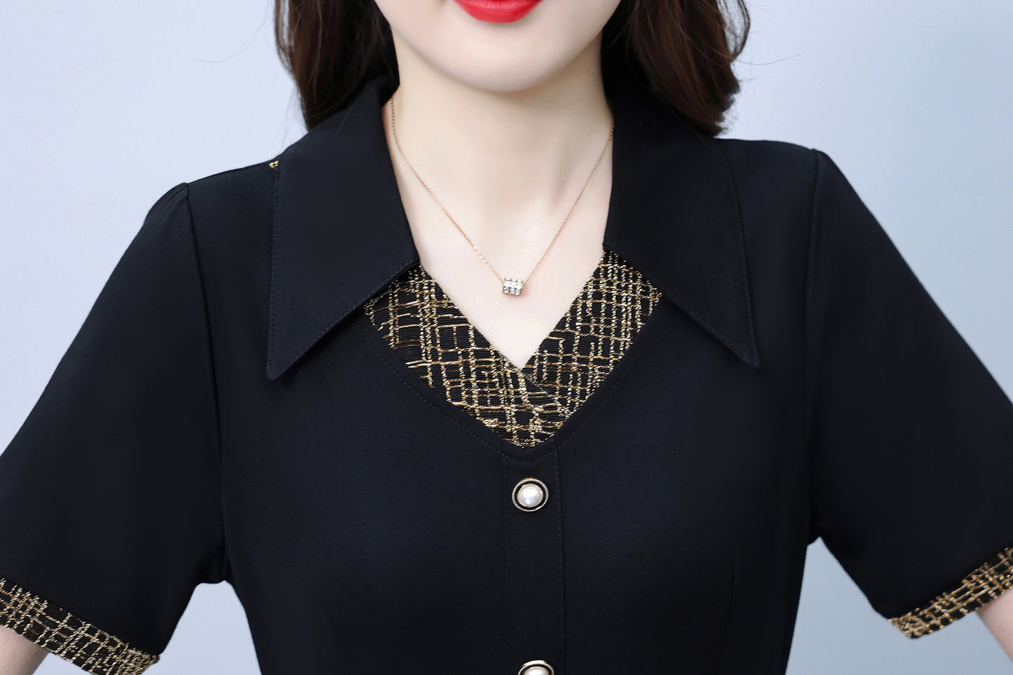 Women's Lapel V-Neck Pocket Short Sleeve Midi Dress - LAI MENG FIVE CATS
