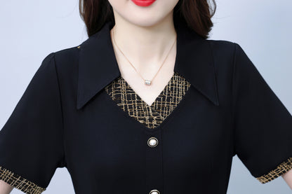 Women's Lapel V-Neck Pocket Short Sleeve Midi Dress - LAI MENG FIVE CATS
