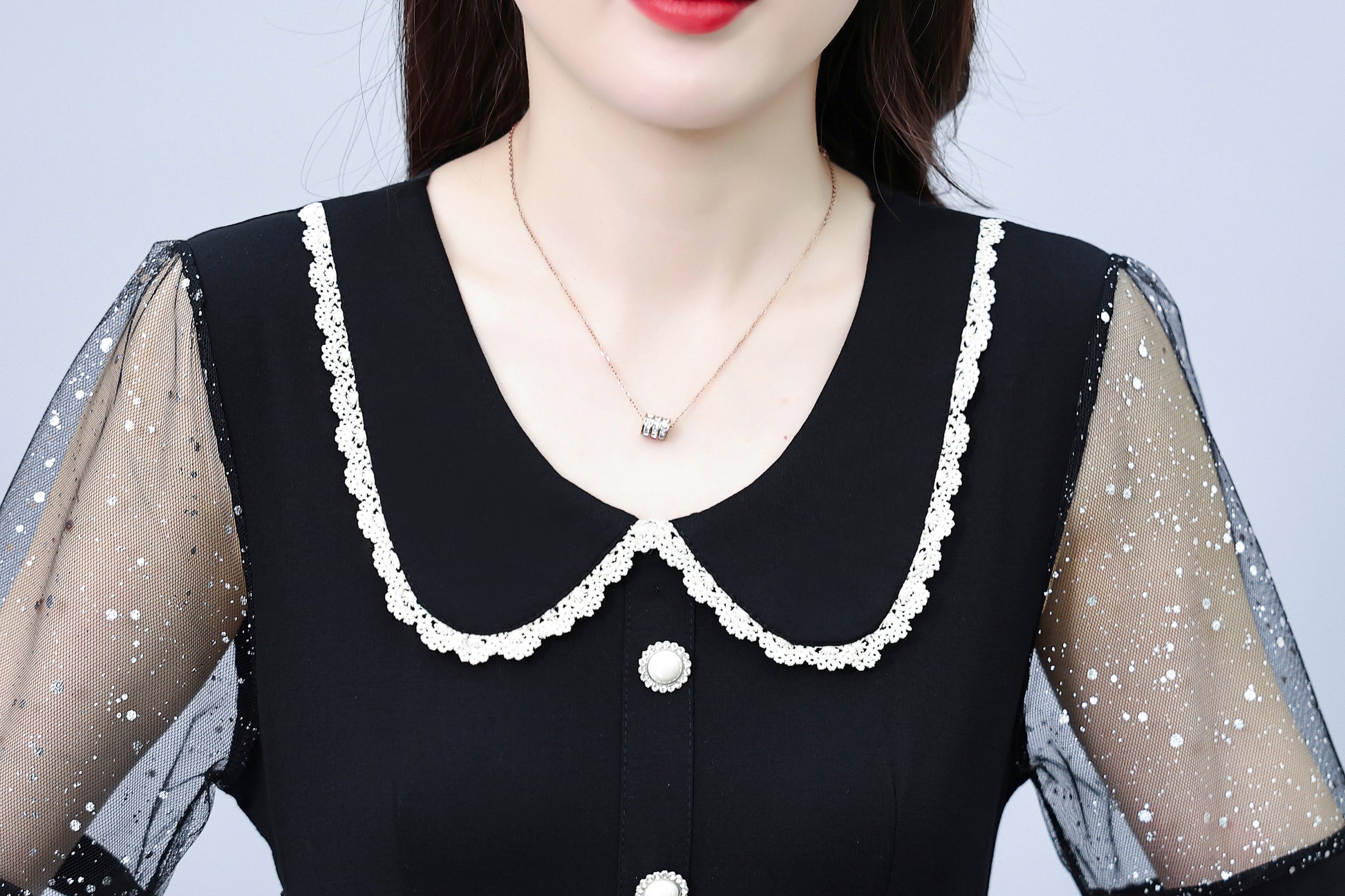 Women's Peter Pan Collar Short Sleeve Pocket Midi Dress - LAI MENG FIVE CATS