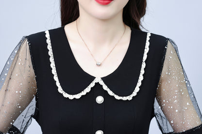 Women's Peter Pan Collar Short Sleeve Pocket Midi Dress - LAI MENG FIVE CATS
