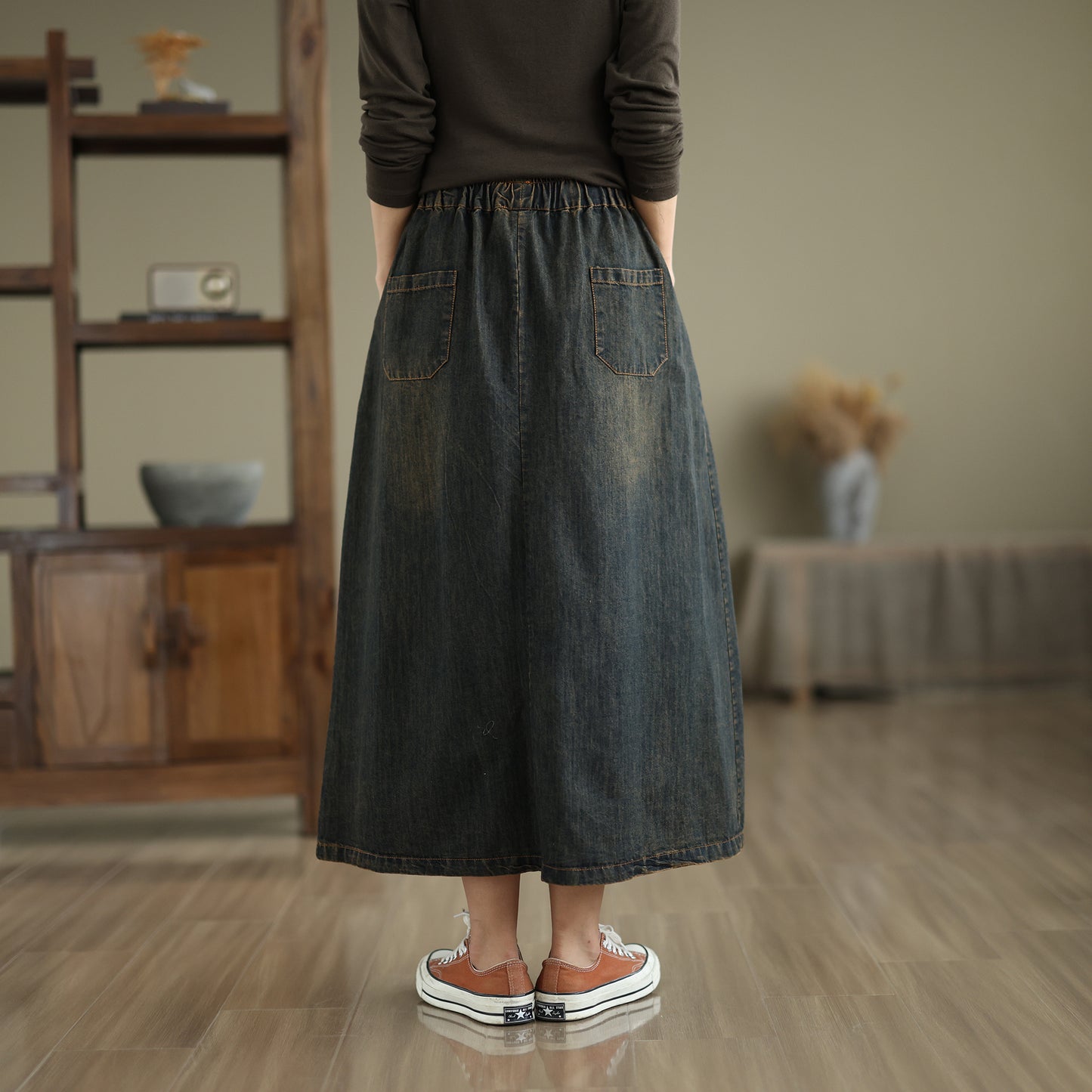 Women's Denim Drawstring Waist Pockets Jean Skirt