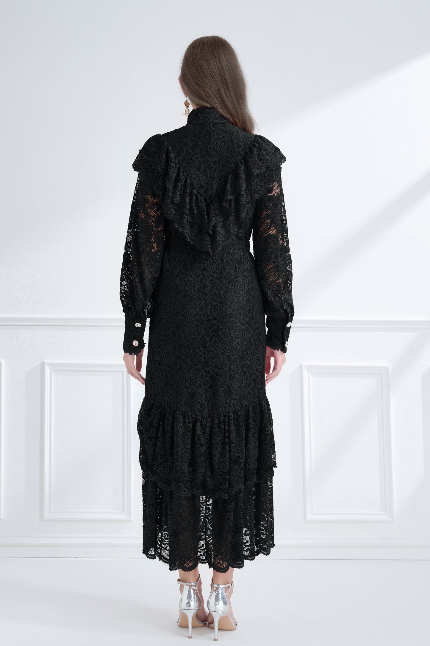 Women's Lace High Neck Ruffles Fishtail Maxi Dress