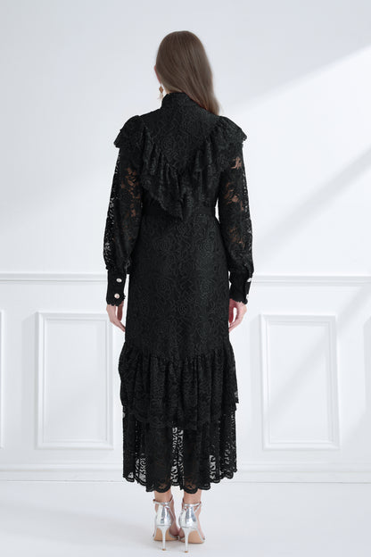 Women's Lace High Neck Ruffles Fishtail Maxi Dress