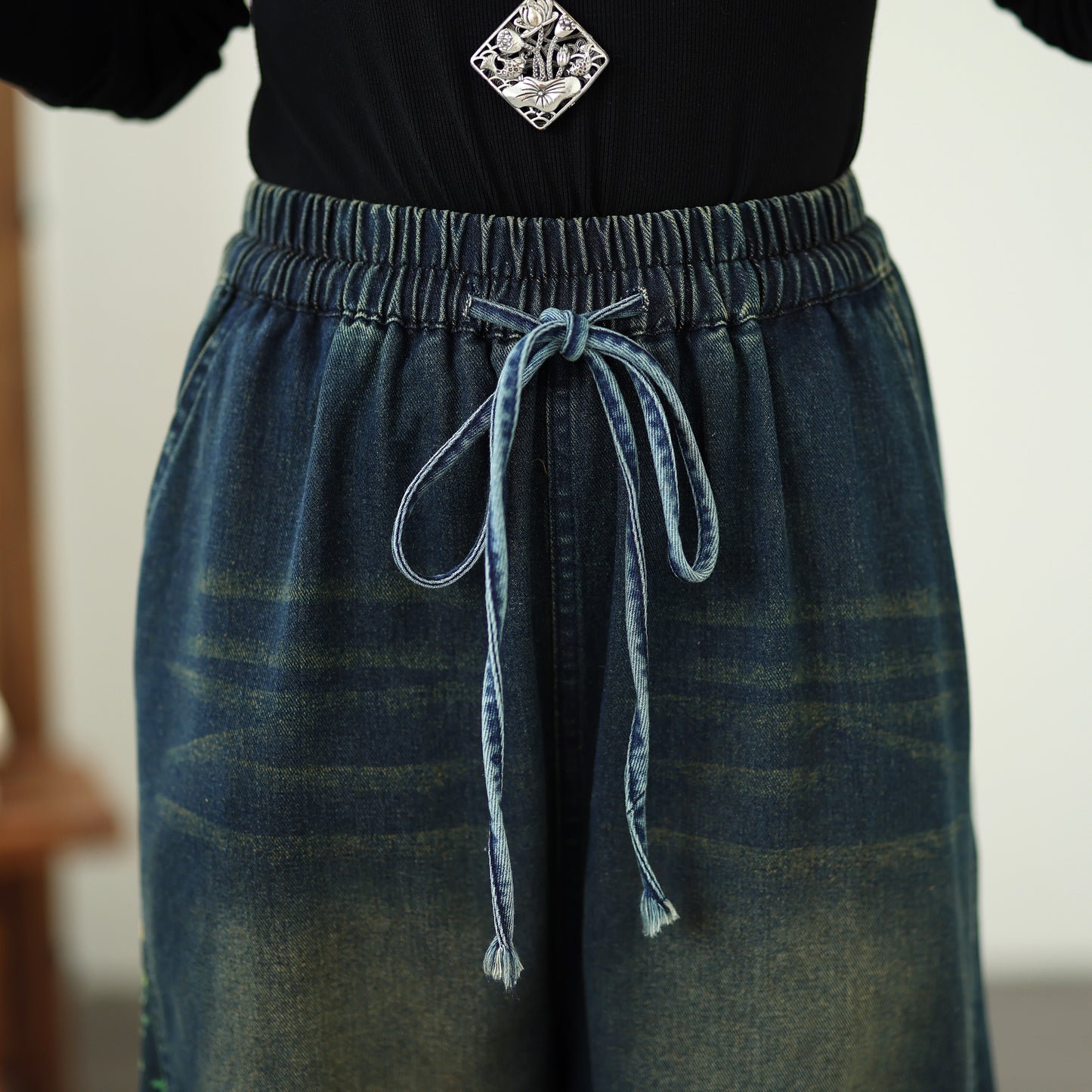 Women's Denim Wide Leg Baggy Jeans Drawstring Waist Pants - LAI MENG FIVE CATS