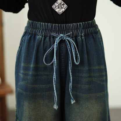 Women's Denim Wide Leg Baggy Jeans Drawstring Waist Pants - LAI MENG FIVE CATS