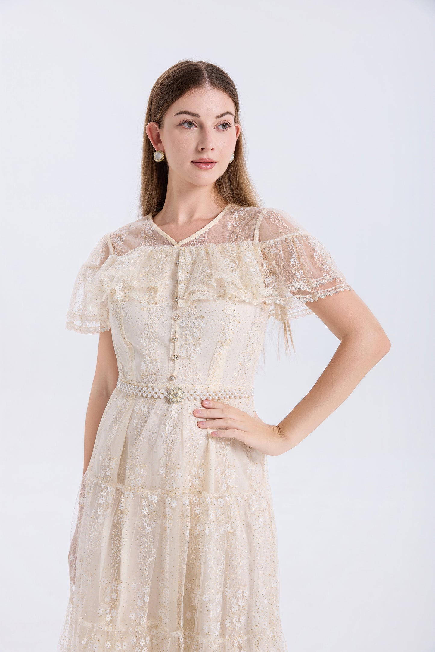LAI MENG FIVE CATS Ivory Lace Embroidery Dress with Pearl Belt