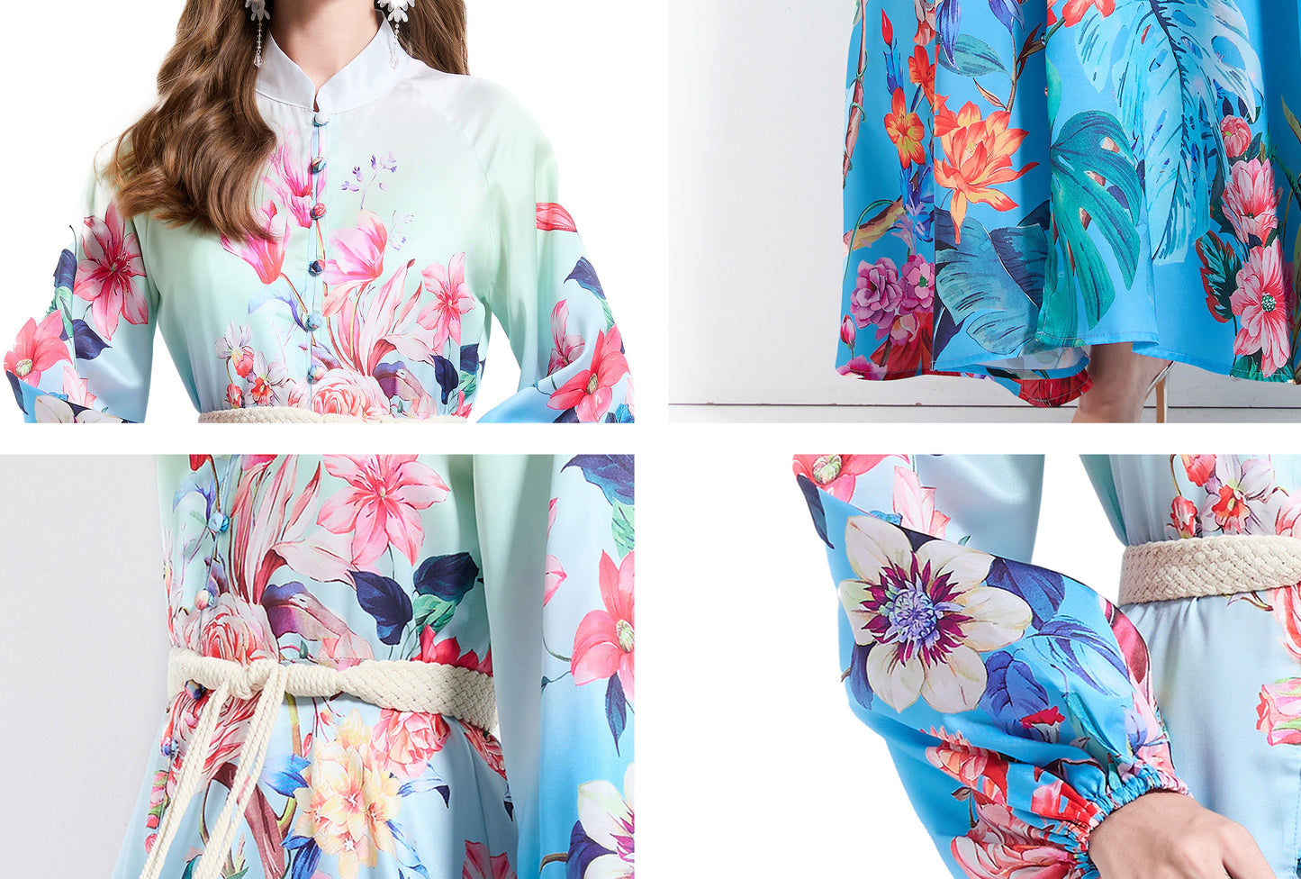 Women's Floral Print Puff Sleeve Split Maxi Dress