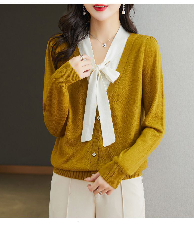 Women's Color Block Tie Neck Knit Top Sweater