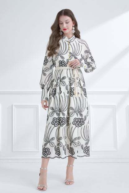 Women's Mandarin Collar Embroidered Button Maxi Dress