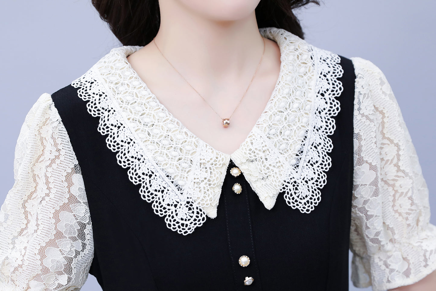 Women's Peter Pan Collar Short Sleeve Pocket Midi Dress - LAI MENG FIVE CATS