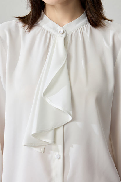 Women's Ruffle Shirt Tie Neck Long Sleeve Blouse - LAI MENG FIVE CATS