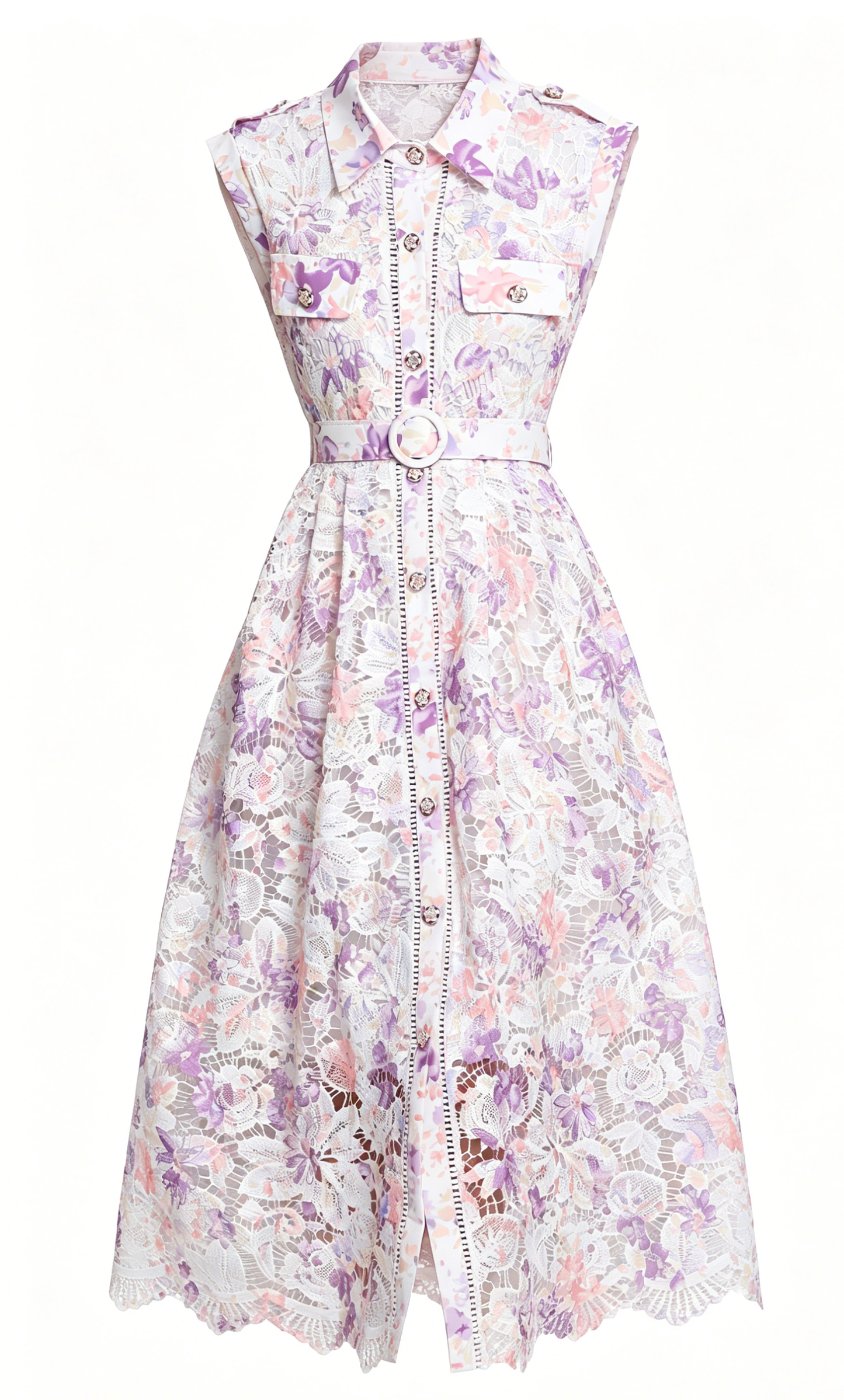 Lavender Floral Lace Midi Dress with Belt – Romantic Date Night Dress