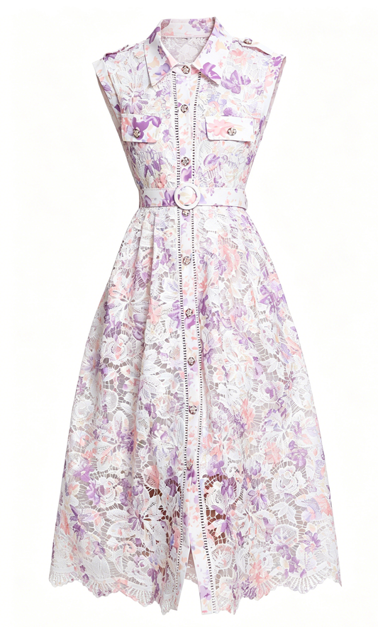 Lavender Floral Lace Midi Dress with Belt – Romantic Date Night Dress