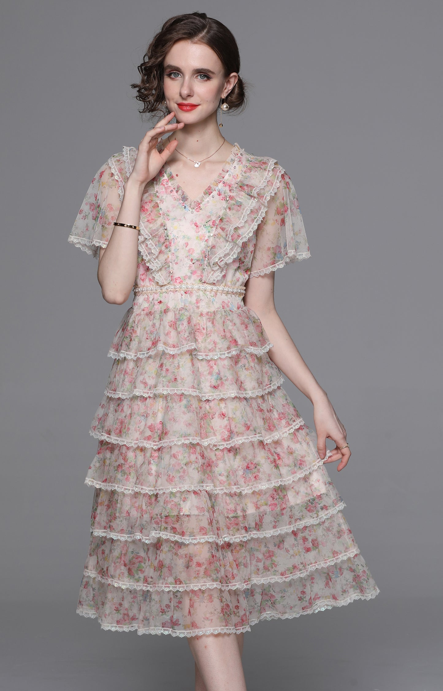 Romantic Floral Lace Trim Midi Dress
