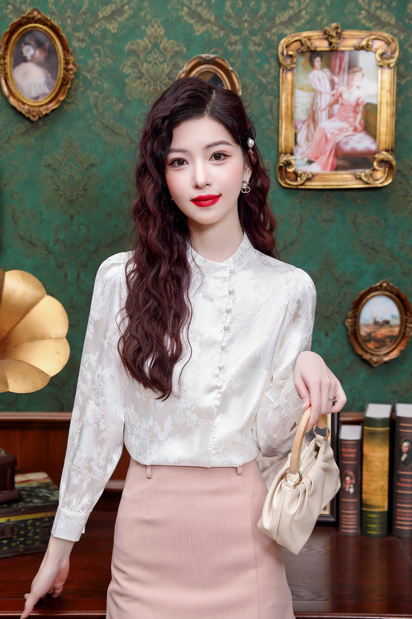 Women's Silk Satin Jacquard Long Sleeve Blouses