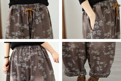 Vintage Floral Denim Harem Pants - Women's Loose Fit Boho Lantern Trousers