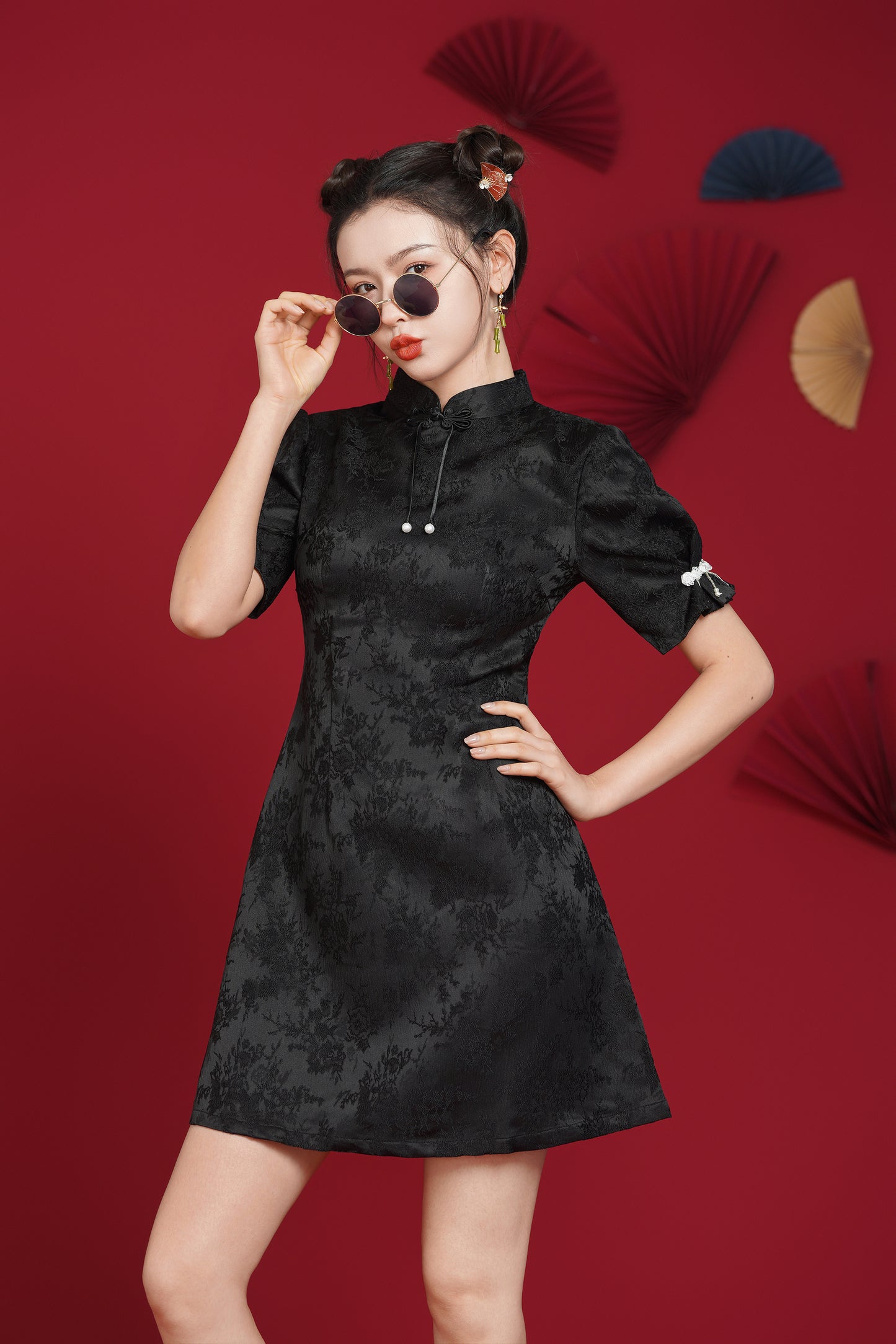 Women's Chinese Cheongsam Print Side Slit Mini Dress