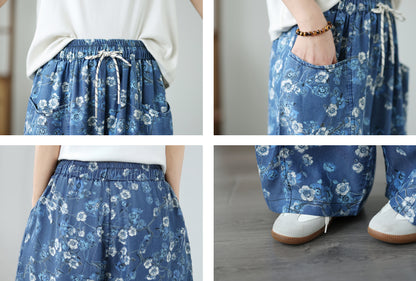 Women's Wide Leg Jeans Lightweight Wasited Elastic Print Y2K Pants - LAI MENG FIVE CATS