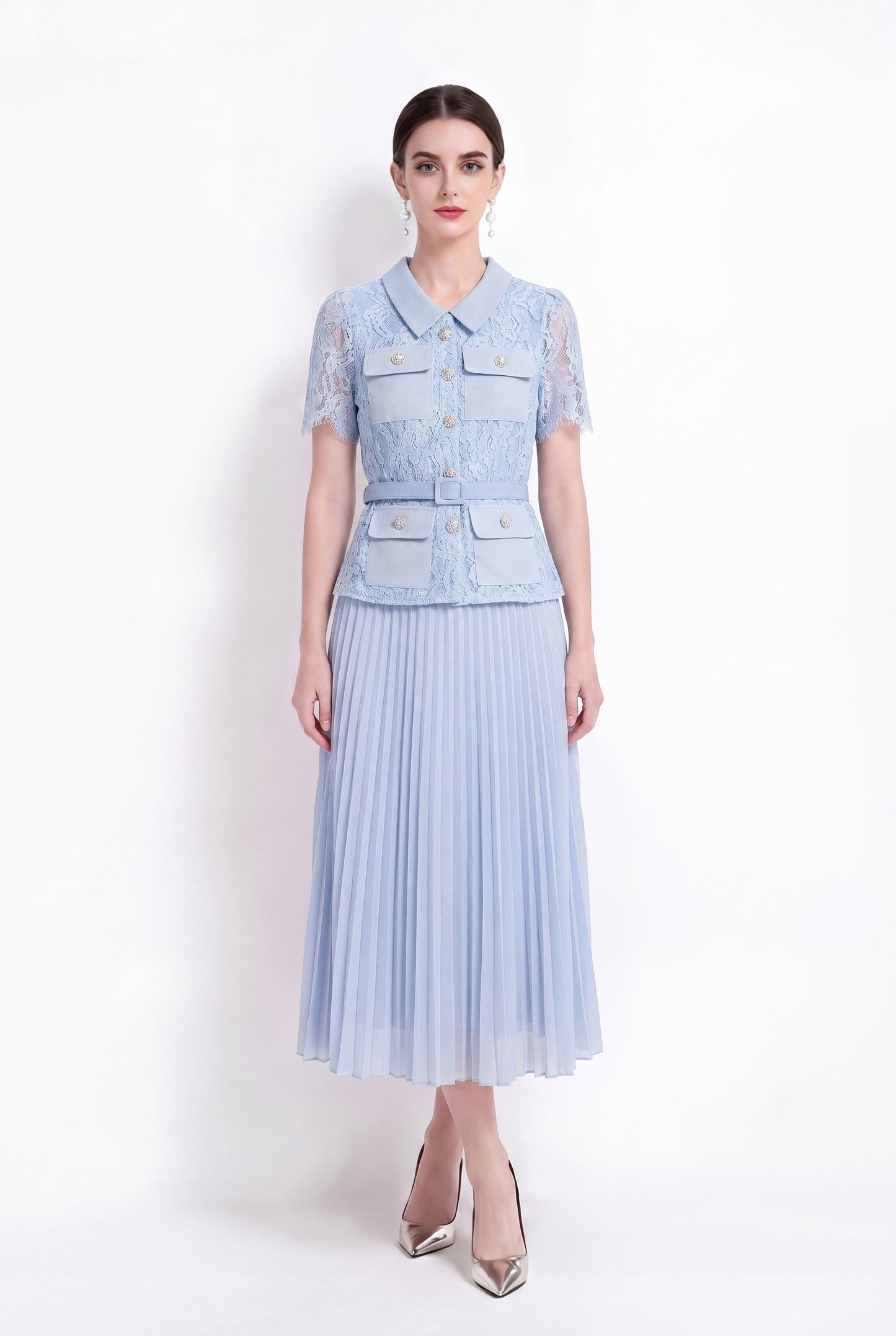 Lace Pleated Midi Dress | Elegant Collared Belted Dress for Women