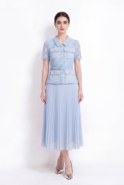Lace Pleated Midi Dress | Elegant Collared Belted Dress for Women