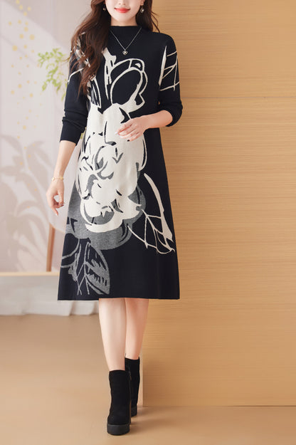 Women's Turtleneck Print Pullover Sweater Midi Dress