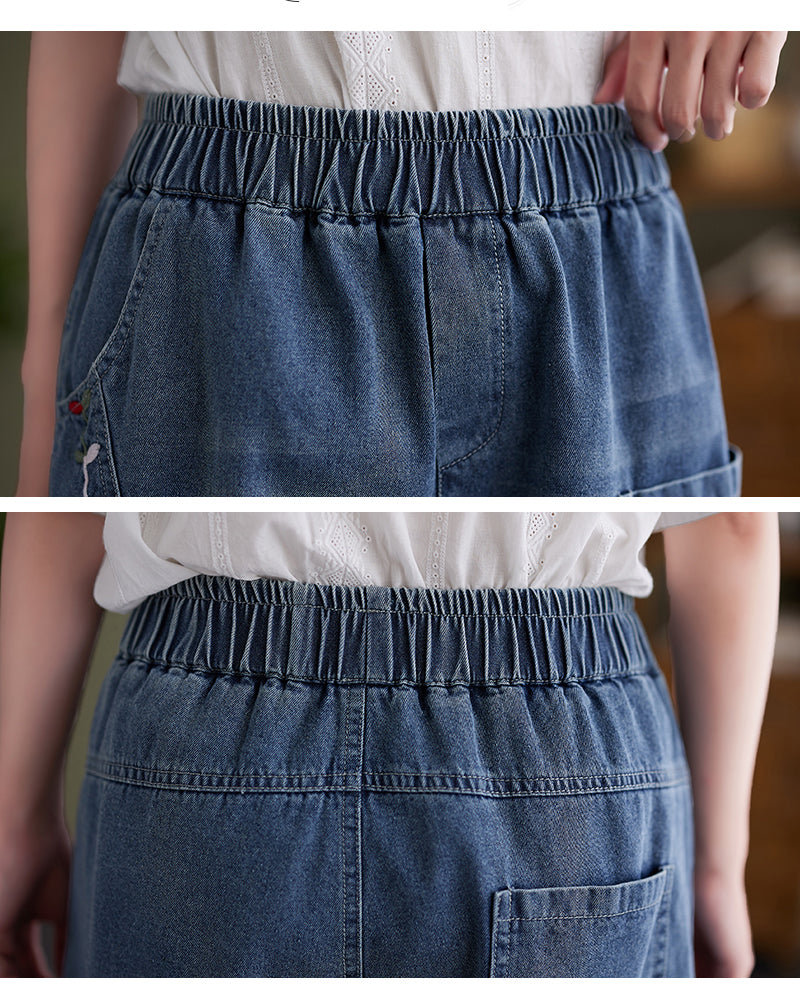 Women's Baggy Pull On Jeans Ripped Denim Shorts - LAI MENG FIVE CATS