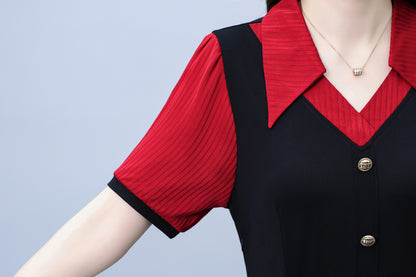 Women's Lapel V-Neck Pocket Short Sleeve Midi Dress - LAI MENG FIVE CATS