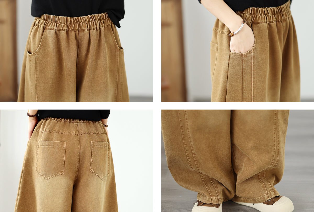 Vintage Khaki Denim Barrel Pants | Wide-Leg Lantern Fit & Elastic Waist