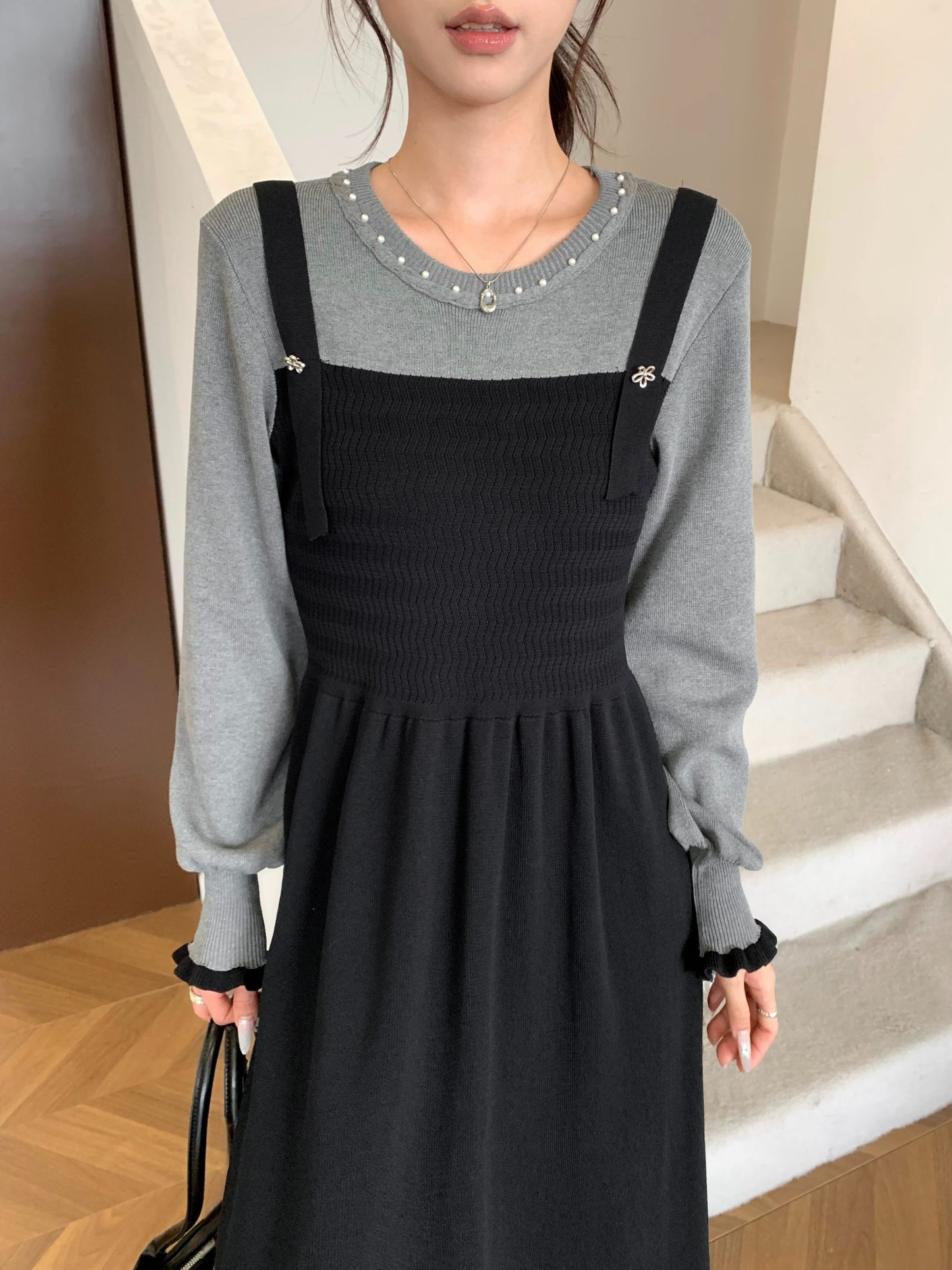 Women's 2 in 1 Sweater Knit Long Sleeve Midi Dress