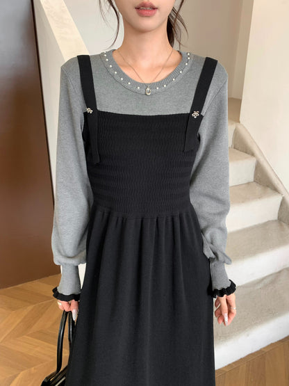 Women's 2 in 1 Sweater Knit Long Sleeve Midi Dress
