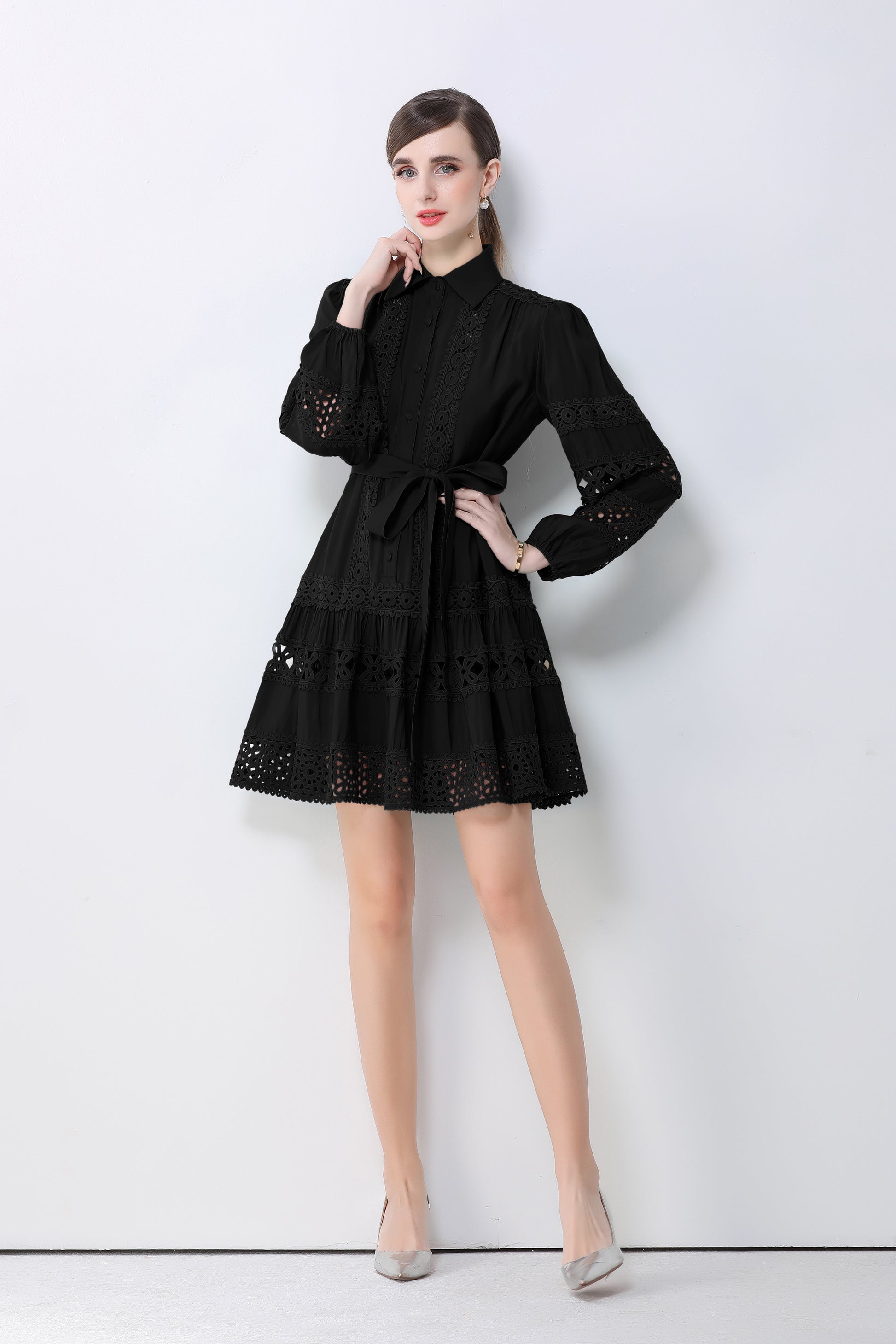 Women's Hollow Out Lace Puff Sleeve Button Mini Dress - LAI MENG FIVE CATS