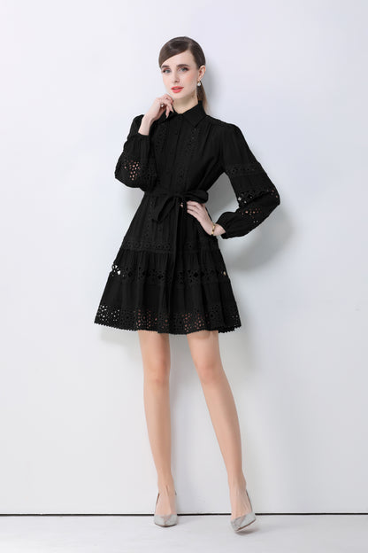 Women's Hollow Out Lace Puff Sleeve Button Mini Dress - LAI MENG FIVE CATS