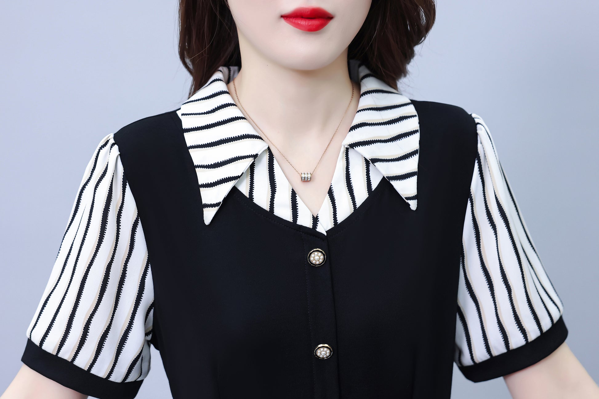 Women's Lapel V-Neck Pocket Short Sleeve Midi Dress - LAI MENG FIVE CATS