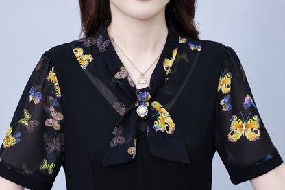 Women's Tie V-Neck Short Sleeve Pocket Midi Dress