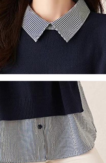 Women's Patchwork Shirt Collar Cotton  Knit Pullover Tops