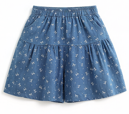 Floral Denim Skort Shorts – Elastic Waist & Pockets - LAI MENG FIVE CATS