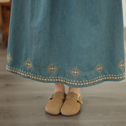 Women's Embroidered Elastic Waist Denim Jean Maxi Skirt Pocket - LAI MENG FIVE CATS