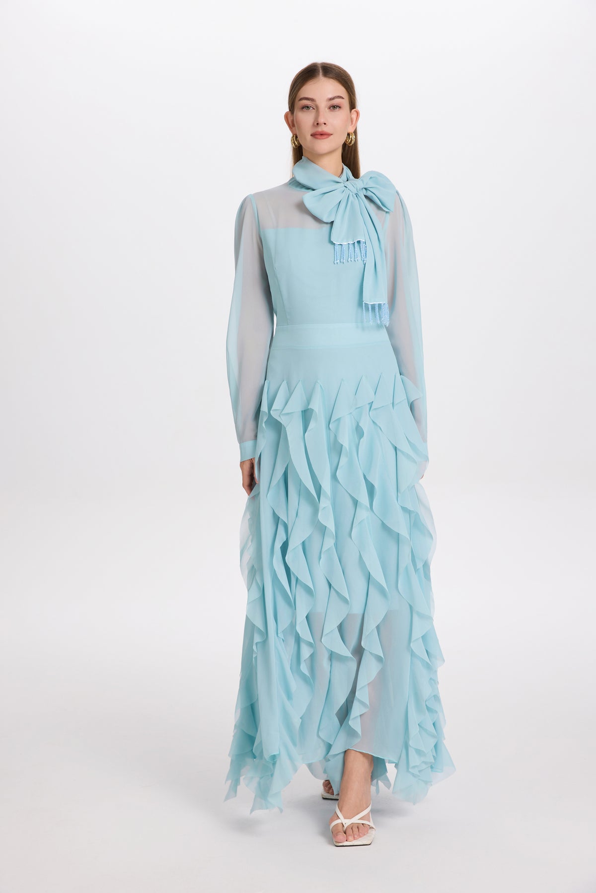 Elegant Chiffon Maxi Dress with Scarf Neck & Rhinestone Fringe
