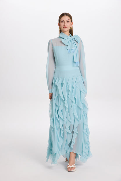 Elegant Chiffon Maxi Dress with Scarf Neck & Rhinestone Fringe