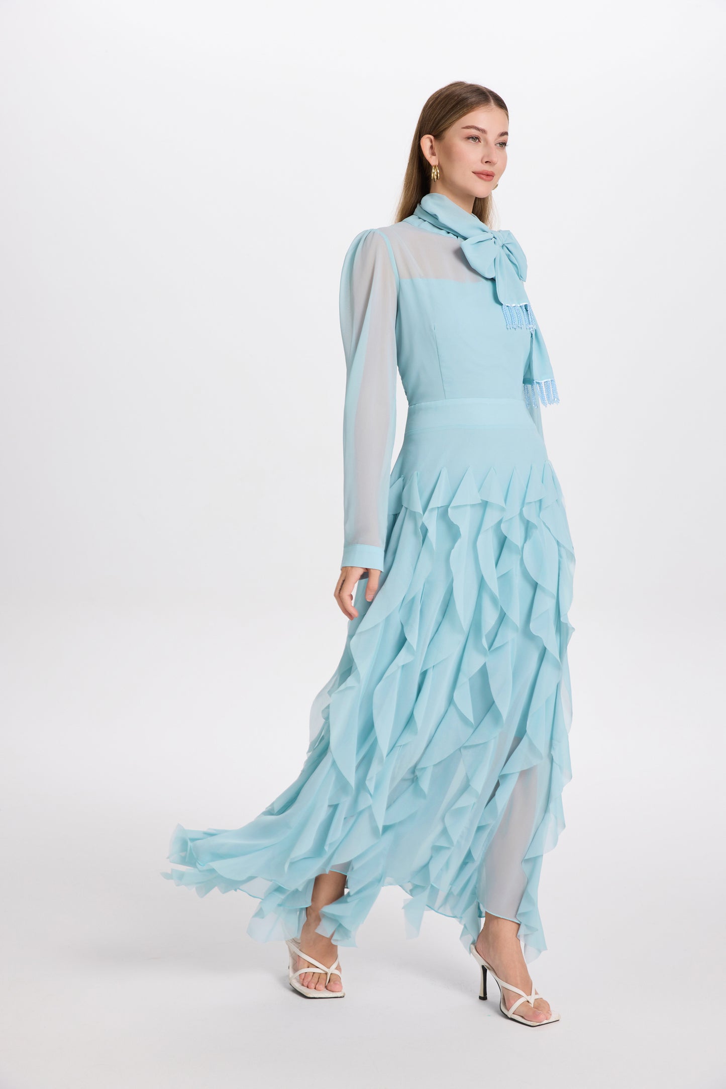 Elegant Chiffon Maxi Dress with Scarf Neck & Rhinestone Fringe