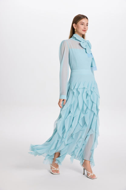 Elegant Chiffon Maxi Dress with Scarf Neck & Rhinestone Fringe