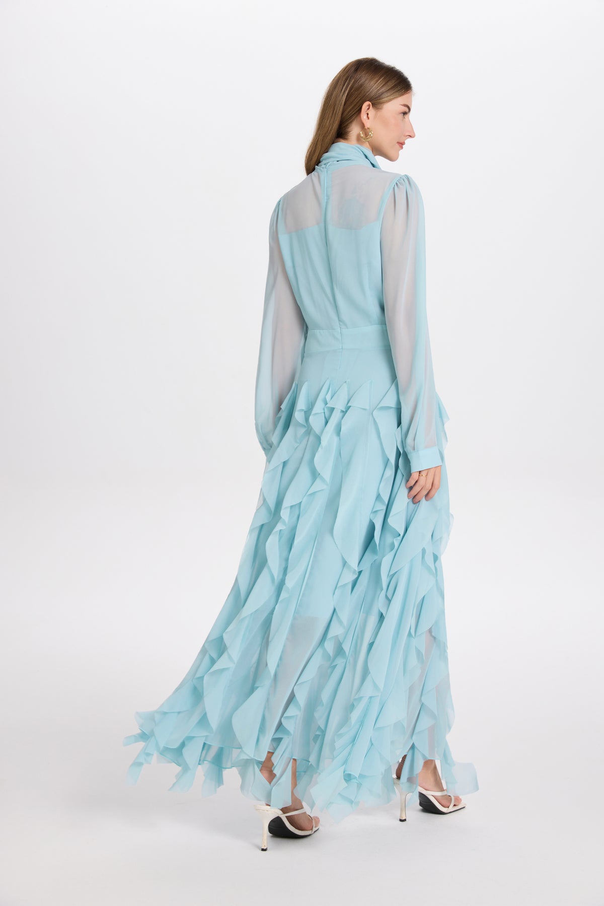 Elegant Chiffon Maxi Dress with Scarf Neck & Rhinestone Fringe