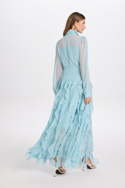 Elegant Chiffon Maxi Dress with Scarf Neck & Rhinestone Fringe