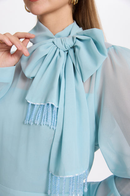 Elegant Chiffon Maxi Dress with Scarf Neck & Rhinestone Fringe