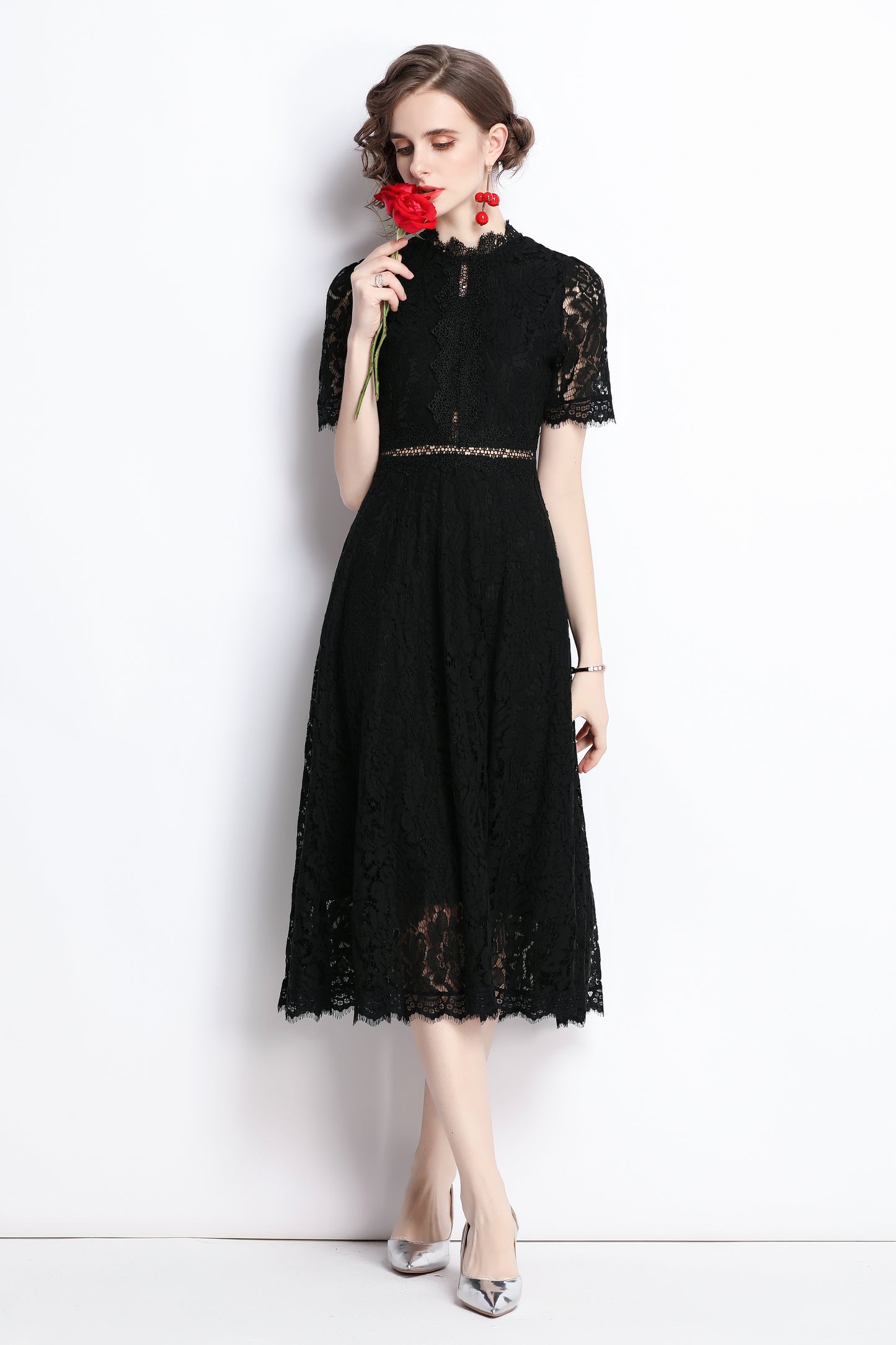 Women's Short Sleeve Floral Lace Cocktail Party Midi Dress