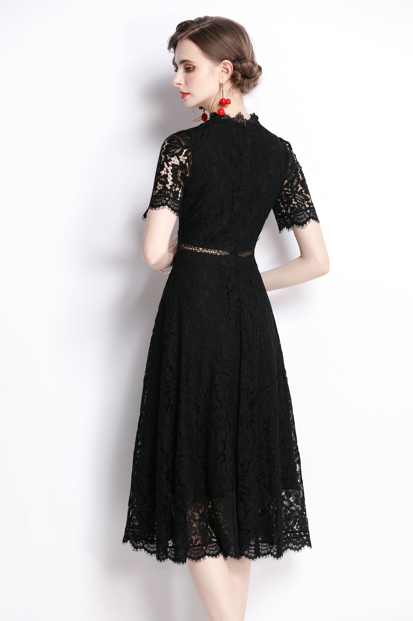 Women's Short Sleeve Floral Lace Cocktail Party Midi Dress